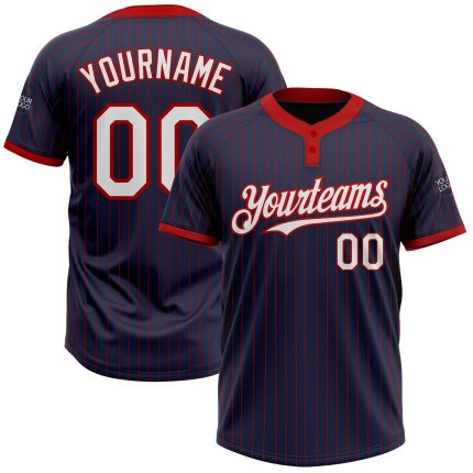 Custom Team Softball Jersey: Personalized Unisex Two-Button White Navy Red Pinstripe with Name & Number Personalized Navy