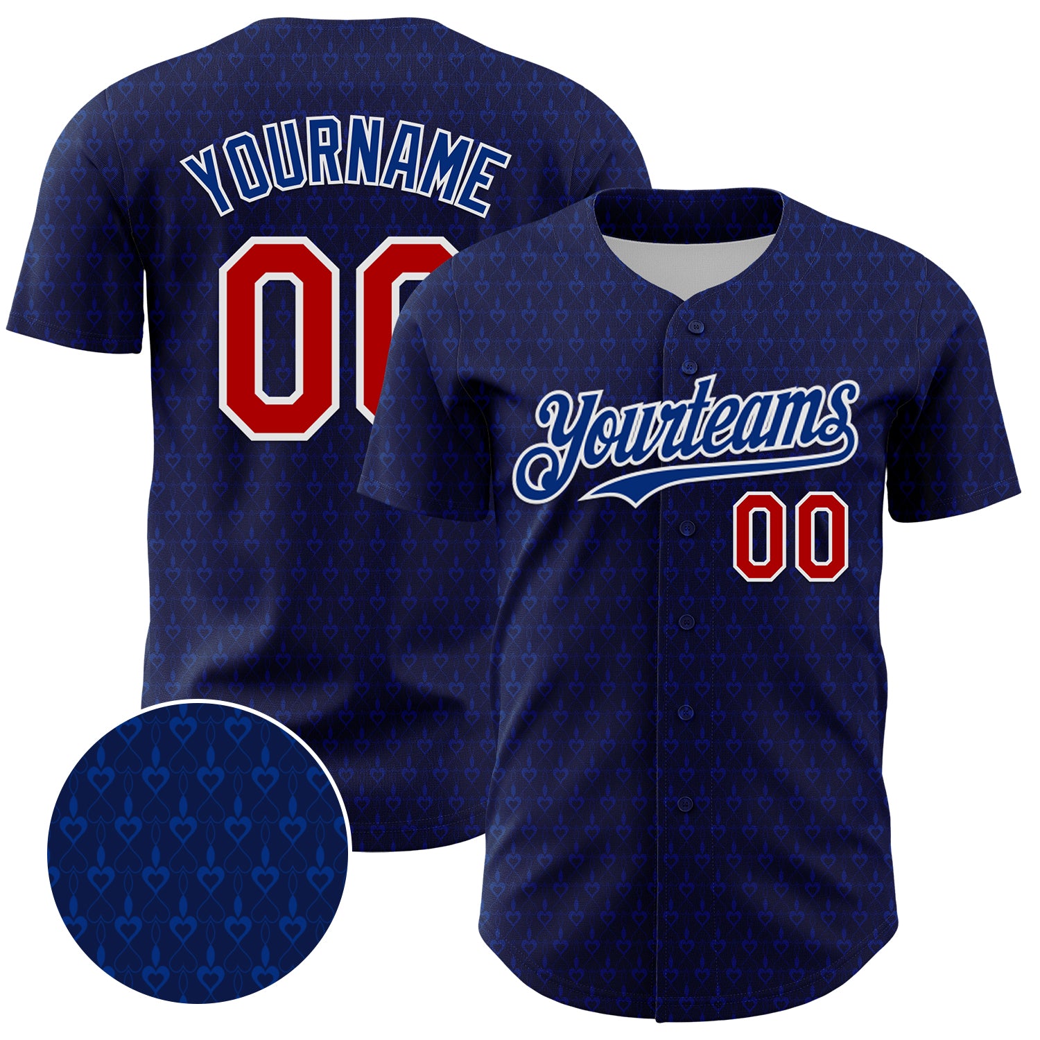 Custom Name Number Baseball Jersey with 3D Hearts Design - Personalized Navy Red-Royal Team Apparel Personalized Navy Red-Royal