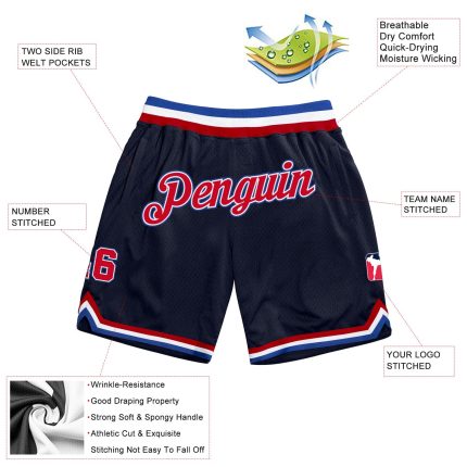 Custom Navy Red-Royal Throwback Basketball Shorts with Team Name & Number - Personalized Athletic Apparel Personalized Navy