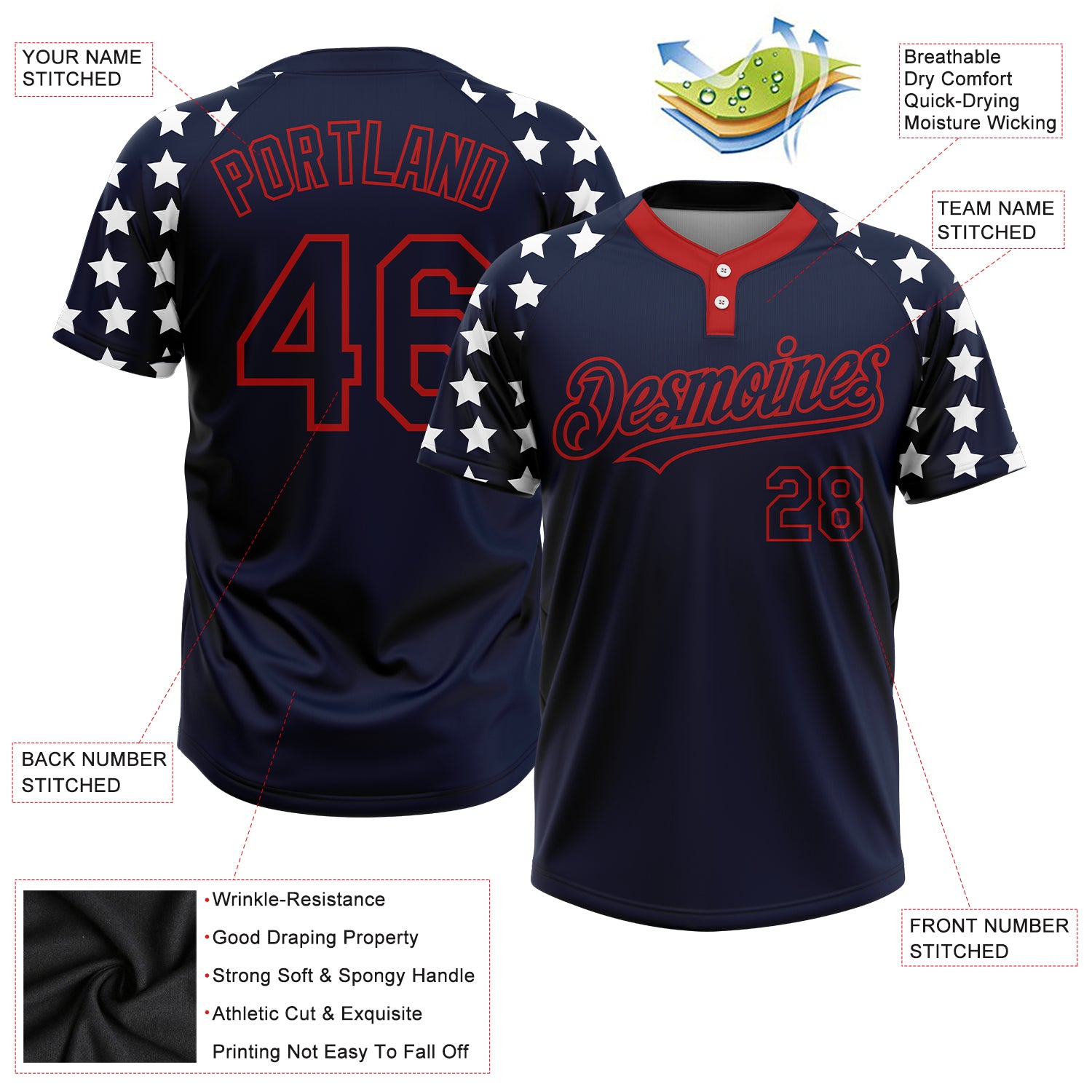 Personalized Navy Red-White 3D American Flag Fashion Two-Button Unisex Softball Jersey Personalized 3D American Flag Unisex Softball Jersey - Navy Red-White Two-Button Fashion Personalized Navy Red-White 3D American - Image 3