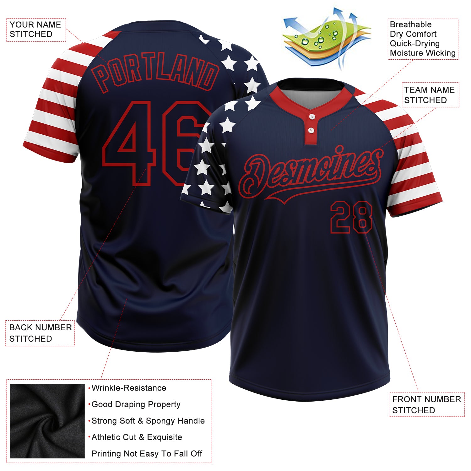 Personalized Navy Red-White 3D American Flag Fashion Two-Button Unisex Softball Jersey Team Custom Name and Number Custom Name Number 3D American Flag Unisex Softball Jersey - Personalized Navy Red-White Two-Button Design Personalized Navy - Image 3