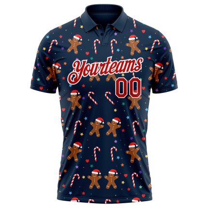 Custom Name and Number 3D Christmas Golf Polo Shirt - Personalized Navy Red-White Performance Team Apparel Personalized Navy