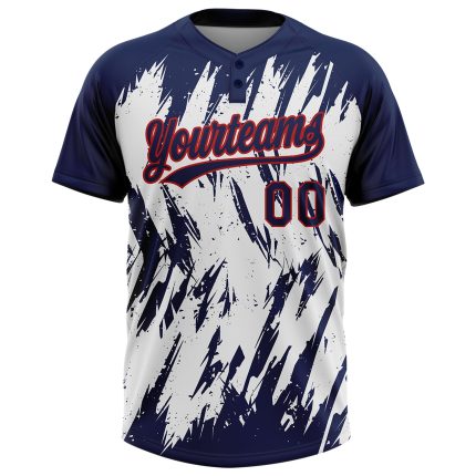 Custom Name and Number Unisex Softball Jersey - Navy Red-White 3D Pattern Two-Button Sharp Shape Personalized Navy Red-White