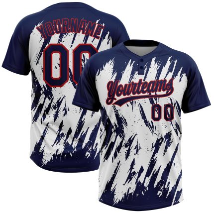 Custom Name and Number Unisex Softball Jersey - Navy Red-White 3D Pattern Two-Button Sharp Shape Personalized Navy Red-White