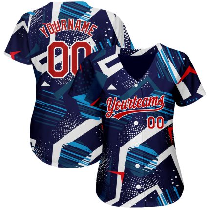 Custom Name and Number Authentic Baseball Jersey with Personalized Navy Red-White 3D Pattern Design Personalized Navy Red-White