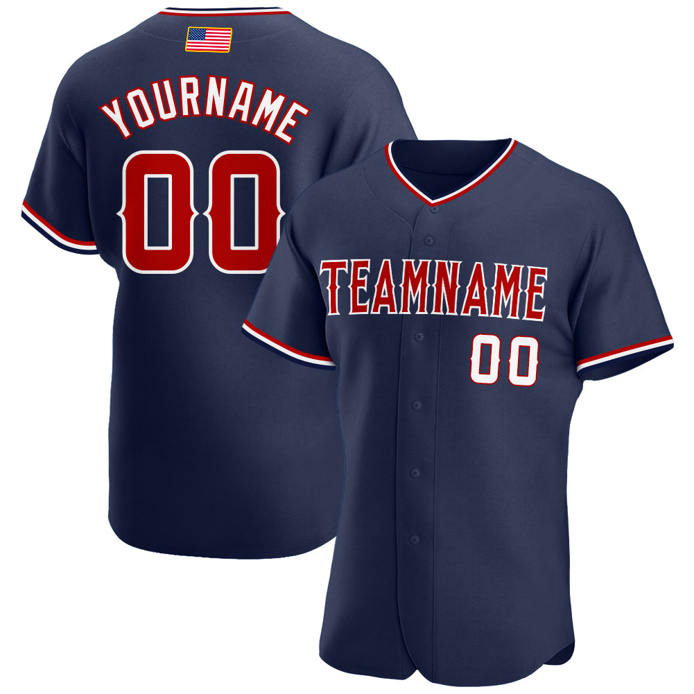 Custom Name and Number Authentic American Flag Baseball Jersey - Personalized Navy Red-White Team Apparel Personalized Navy