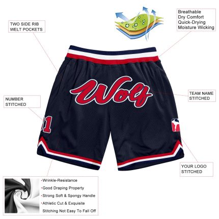 Custom Name and Number Personalized Throwback Basketball Shorts in Navy Red-White Authentic Design Personalized Navy Red-White