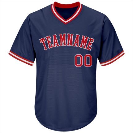 Personalized Authentic Throwback Baseball Jersey Shirt - Navy Red White Rib-Knit Personalized Navy Red-White Authentic Throwback
