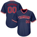 Personalized Authentic Throwback Baseball Jersey Shirt - Navy Red White Rib-Knit Personalized Navy Red-White Authentic Throwback