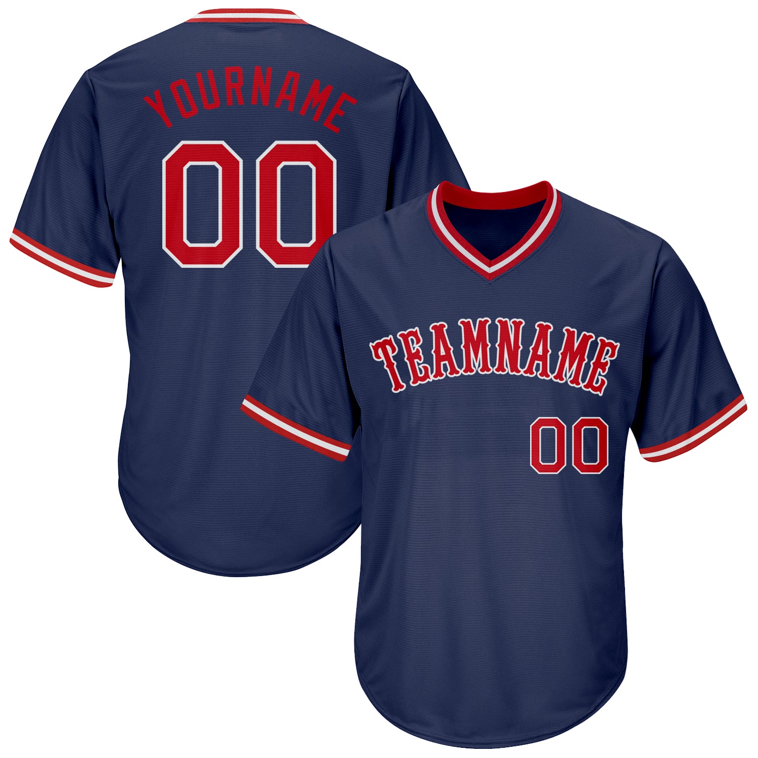 Personalized Authentic Throwback Baseball Jersey Shirt - Navy Red White Rib-Knit Personalized Navy Red-White Authentic Throwback