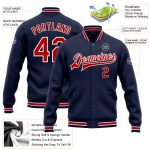 Personalized Varsity Letterman Jacket in Navy Red-White Bomber Style Personalized Navy Red-White Bomber Full-Snap Varsity