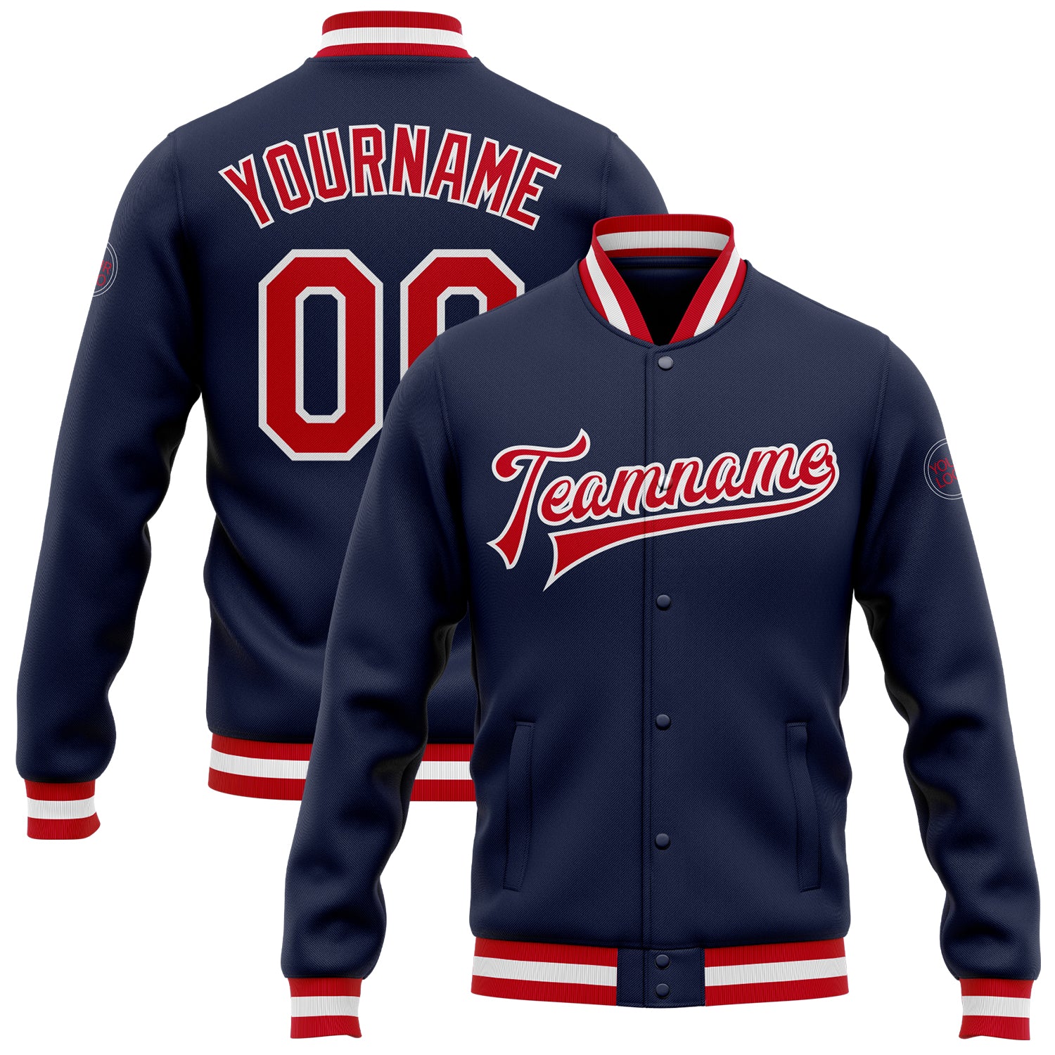 Custom Name Number Navy Red White Varsity Letterman Bomber Jacket Full-Snap Personalized Navy Red-White Bomber Full-Snap