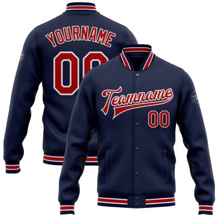 Personalized Varsity Letterman Jacket in Navy Red-White Bomber Style Personalized Navy Red-White Bomber Full-Snap Varsity