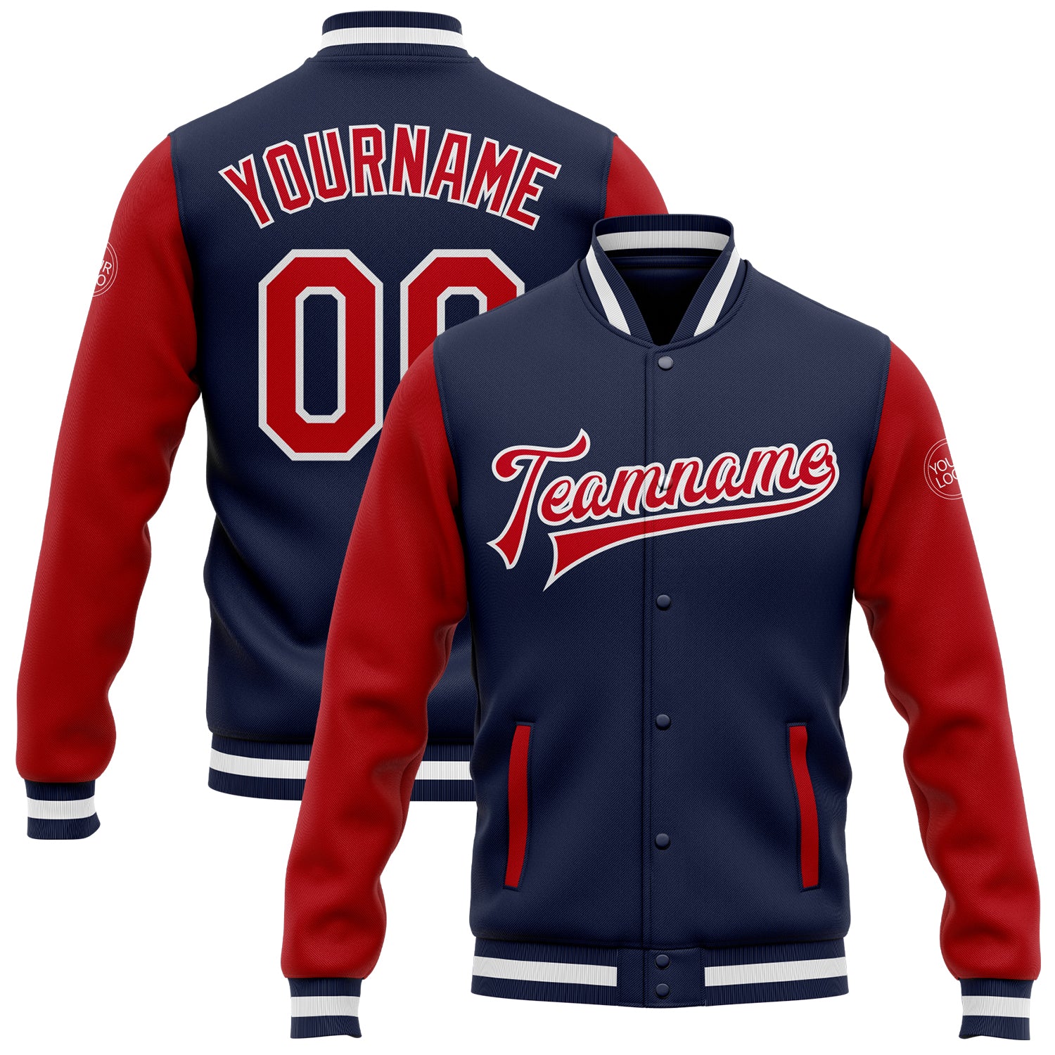 Custom Team Name Number Varsity Letterman Bomber Jacket Red White Navy Full-Snap Two Tone Personalized Navy Red-White Bomber