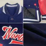 Custom Team Name Number Varsity Letterman Bomber Jacket Red White Navy Full-Snap Two Tone Personalized Navy Red-White Bomber