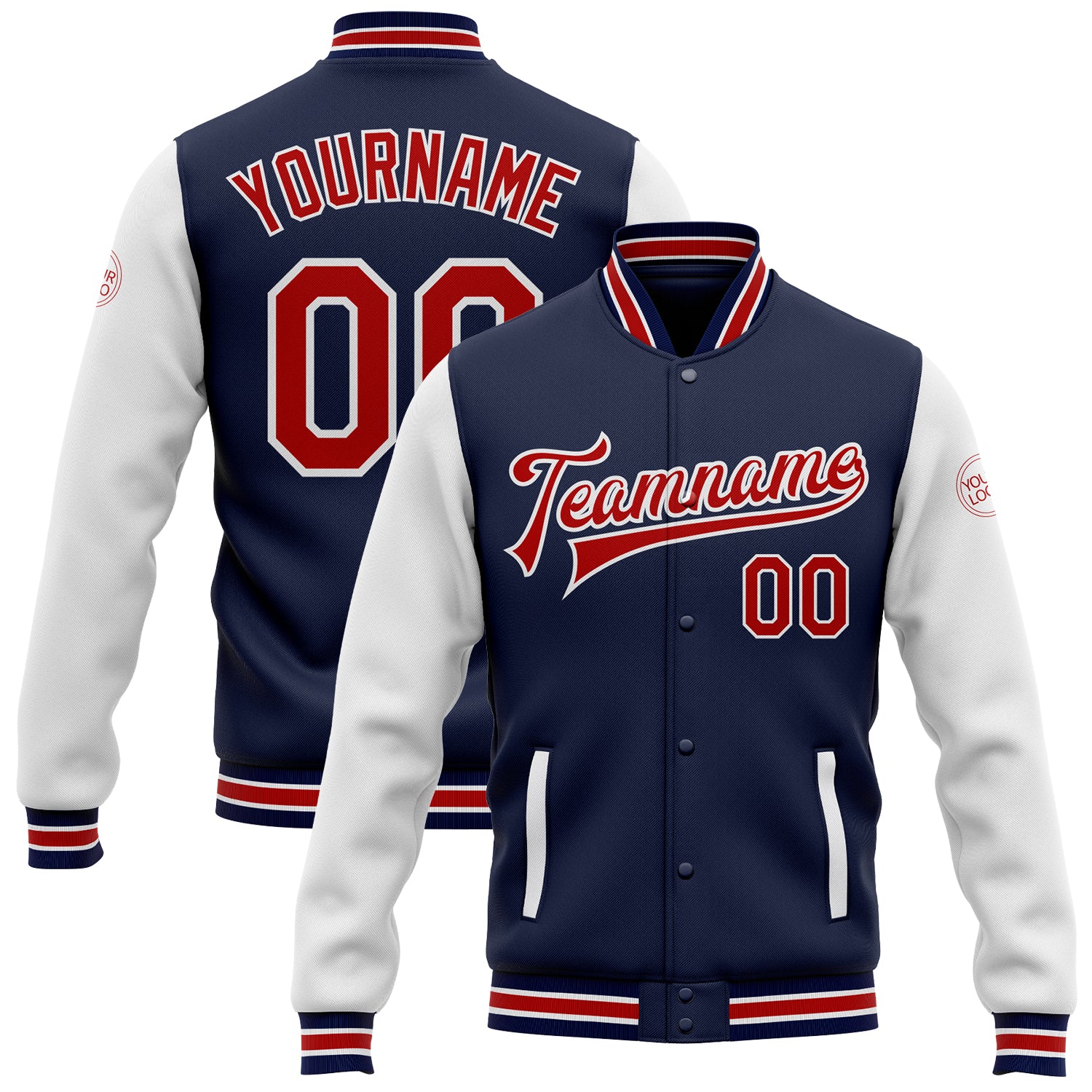 Personalized Navy Red White Bomber Varsity Letterman Jacket Two Tone Full-Snap Personalized Navy Red-White Bomber Full-Snap