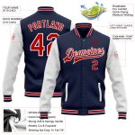 Personalized Navy Red White Bomber Varsity Letterman Jacket Two Tone Full-Snap Personalized Navy Red-White Bomber Full-Snap