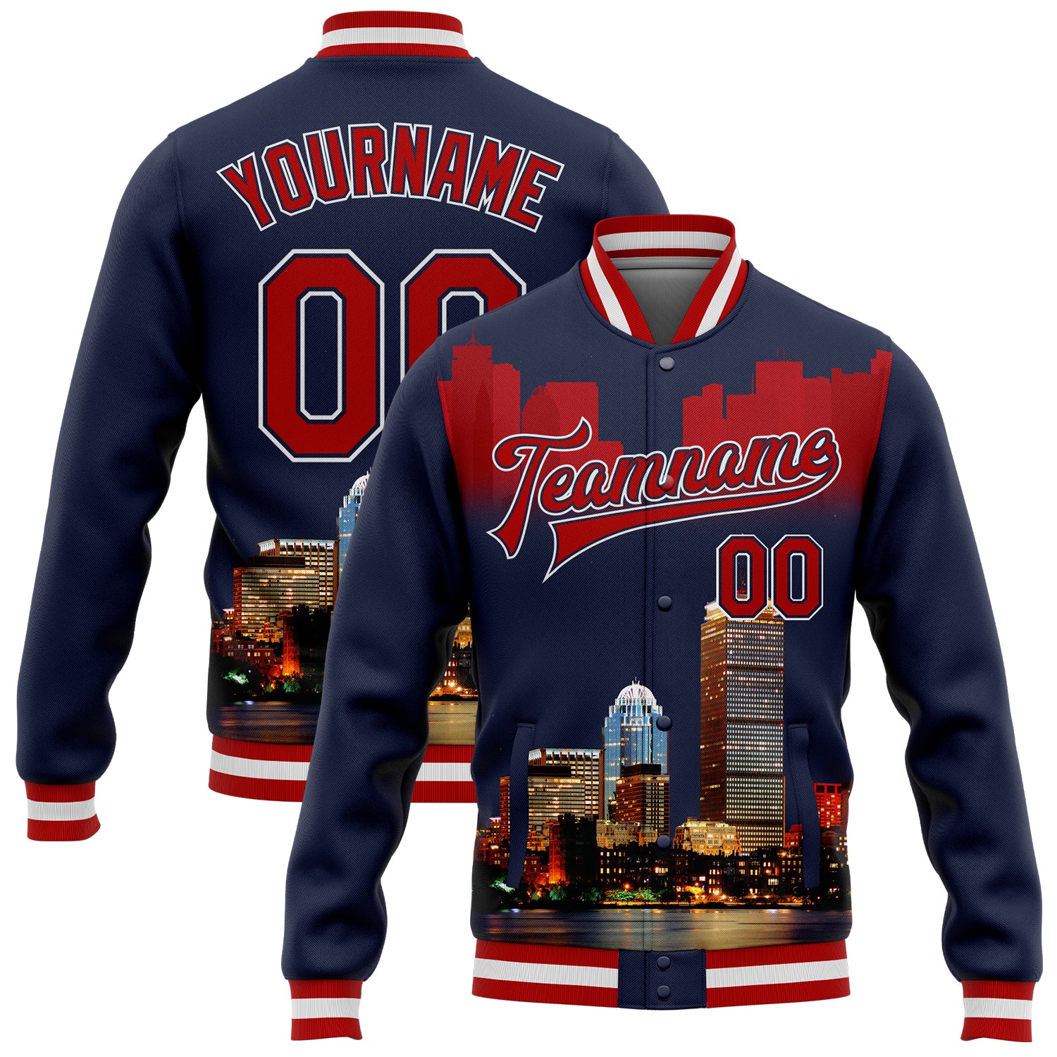 Custom Boston Massachusetts City Edition 3D Letterman Jacket - Navy Red-White Varsity Bomber with Personalized Name & Number