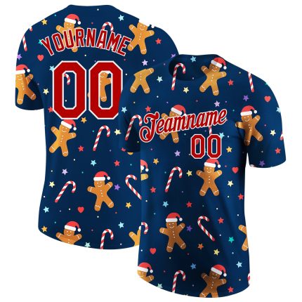 Custom Name and Number 3D Christmas Performance T-Shirt - Personalized Navy Red-White Team Tee Personalized Navy Red-White