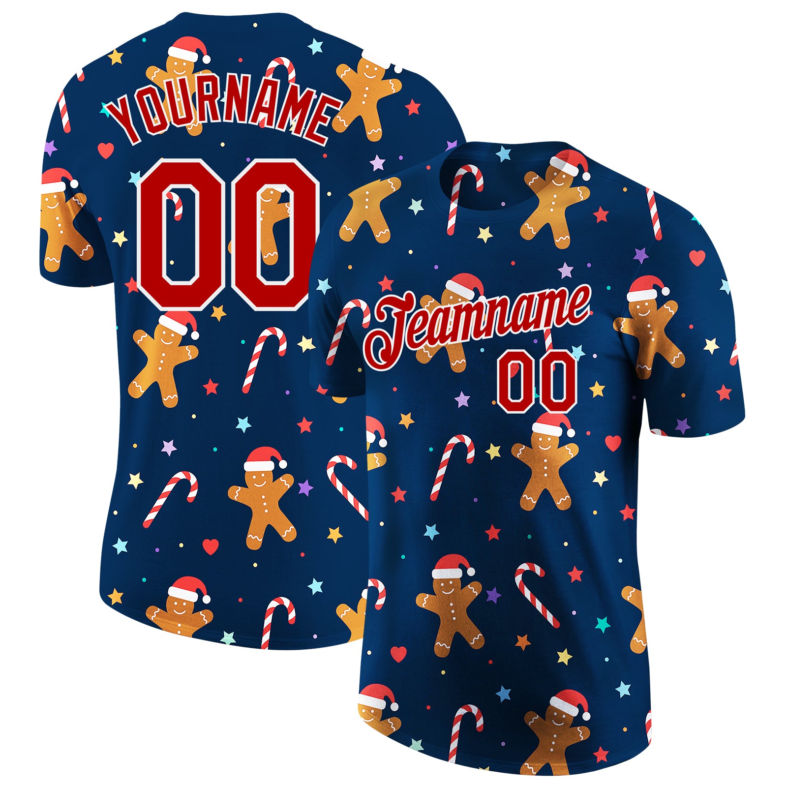 Custom Name and Number 3D Christmas Performance T-Shirt - Personalized Navy Red-White Team Tee Personalized Navy Red-White