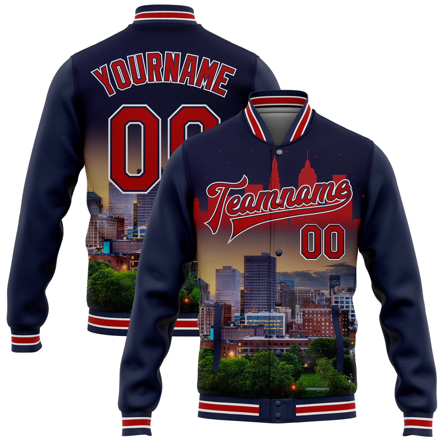 Custom Name Number Cleveland Ohio City Edition Bomber Jacket Navy Red-White 3D Varsity Full-Snap Letterman Personalized Navy