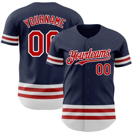 Custom Name and Number Authentic Baseball Jersey - Personalized Navy Red-White Line Team Apparel Personalized Navy Red-White