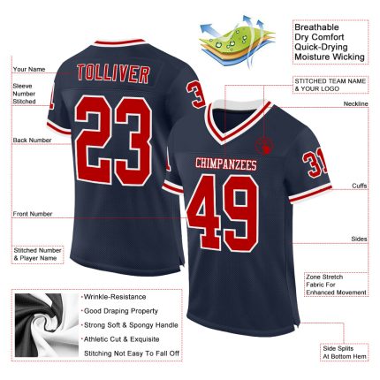 Personalized Authentic Throwback Football Jersey in Navy Red-White Mesh Personalized Navy Red-White Mesh Authentic Throwback