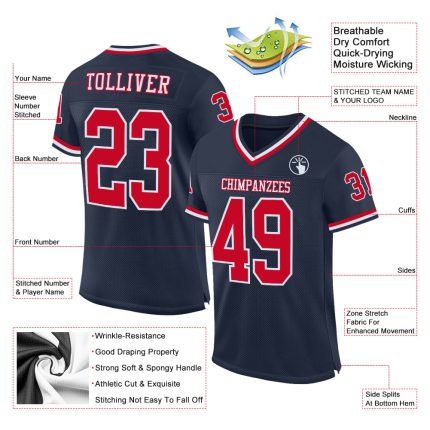 Custom Name Number Navy Red White Mesh Throwback Football Jersey - Personalized Authentic Team Jersey Personalized Navy Red-White