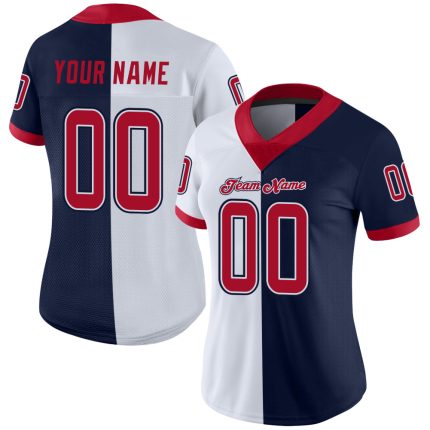 Customizable Football Jersey with Team Name and Number - Navy Red-White Mesh Split Design Personalized Navy Red-White Mesh