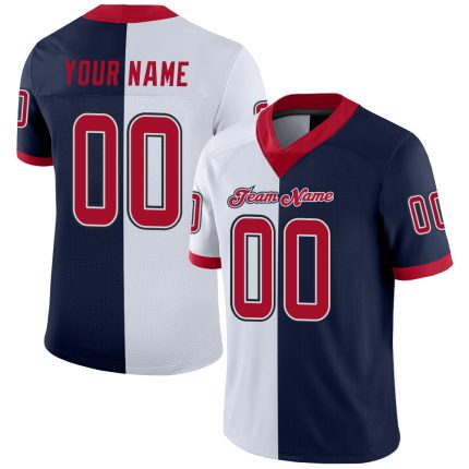 Customizable Football Jersey with Team Name and Number - Navy Red-White Mesh Split Design Personalized Navy Red-White Mesh
