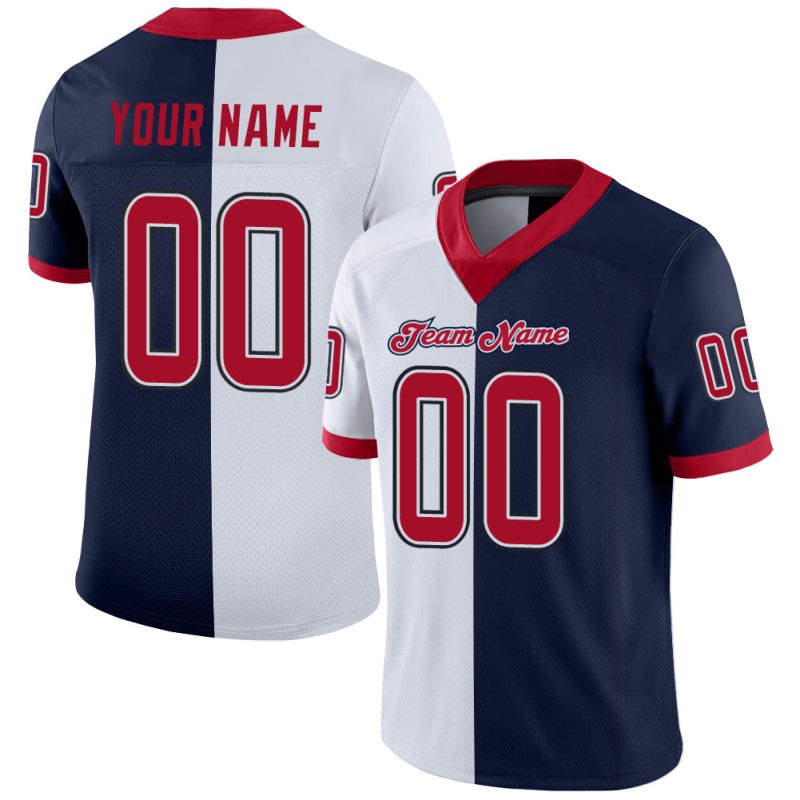 Customizable Football Jersey with Team Name and Number - Navy Red-White Mesh Split Design Personalized Navy Red-White Mesh