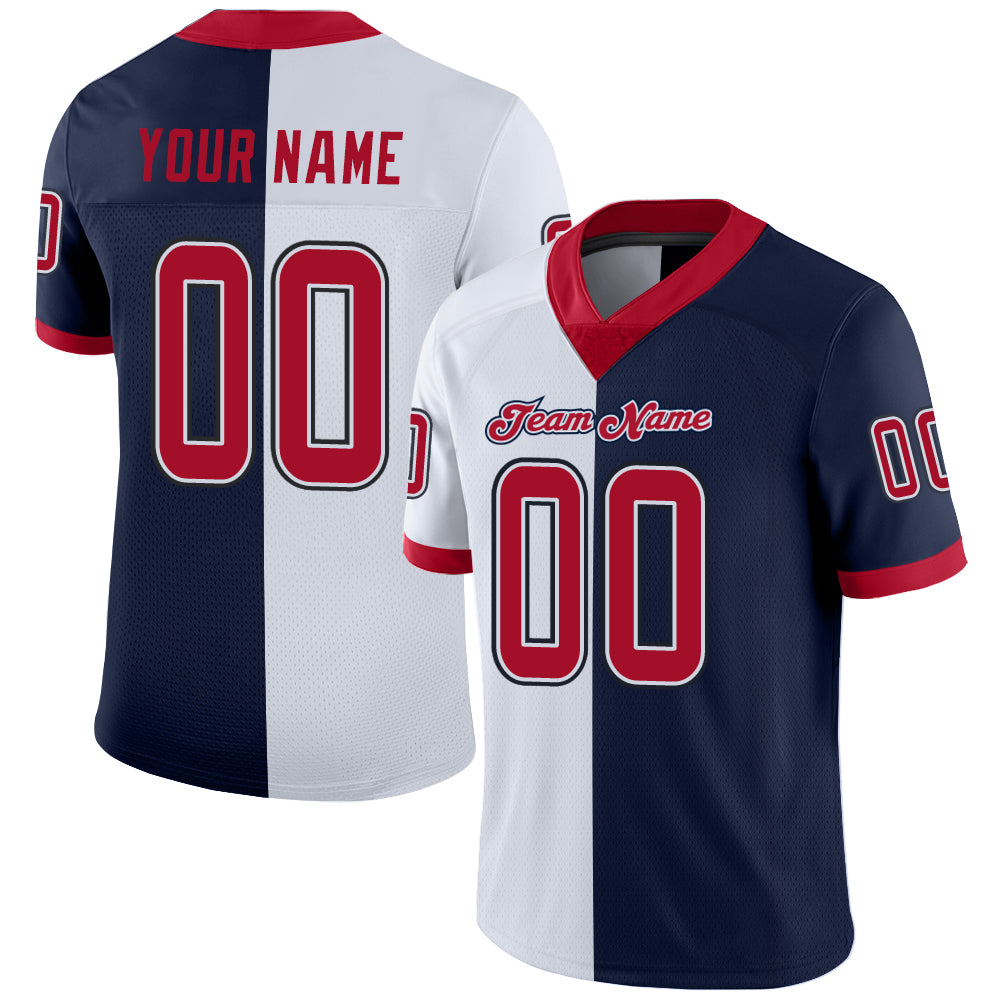 Customizable Football Jersey with Team Name and Number - Navy Red-White Mesh Split Design Personalized Navy Red-White Mesh
