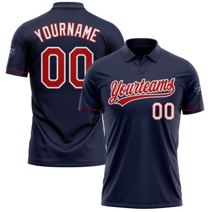 Custom Team Name Number Performance Vapor Golf Polo Shirt - Personalized Navy Red White Personalized Navy Red-White Performance