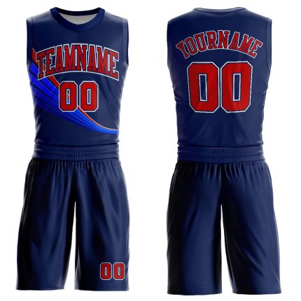 Custom Basketball Jersey with Name and Number - Personalized Navy Red-White Round Neck Sublimation Suit Personalized Navy