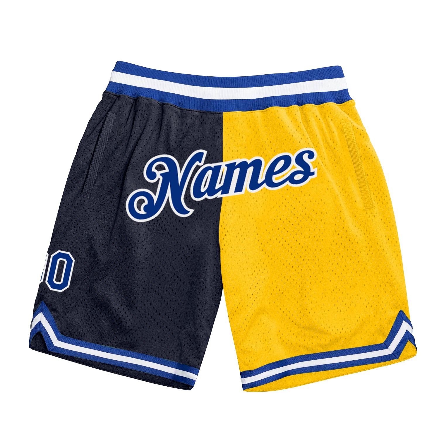 Custom Name and Number Personalized Navy Royal-Gold Basketball Shorts Authentic Throwback Split Fashion Style Personalized