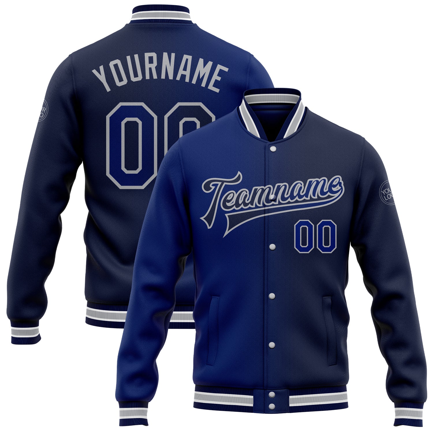 Custom Navy Gray Gradient Varsity Letterman Bomber Jacket Personalized with Team Name and Number Personalized Navy Royal-Gray