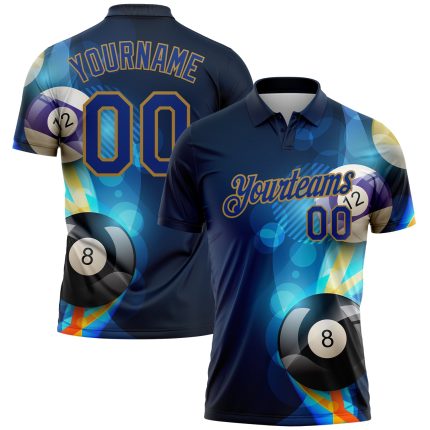 Custom Name Number Polo Shirt for Billiards with 3D Navy and Gold Pattern Design - Performance Team Apparel Personalized