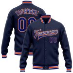 Personalized Navy Royal-Orange Varsity Letterman Bomber Jacket Full-Snap Personalized Navy Royal-Orange Bomber Full-Snap
