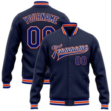 Personalized Navy Royal-Orange Varsity Letterman Bomber Jacket Full-Snap Personalized Navy Royal-Orange Bomber Full-Snap