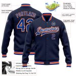Personalized Navy Royal-Orange Varsity Letterman Bomber Jacket Full-Snap Personalized Navy Royal-Orange Bomber Full-Snap