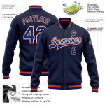Custom Team Name Number Navy Orange Bomber Varsity Letterman Jacket Personalized Full-Snap Personalized Navy Royal-Orange