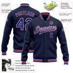 Personalized Navy and Red Varsity Letterman Jacket - Full-Snap Bomber Style Personalized Navy Royal-Red Bomber Full-Snap