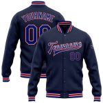 Personalized Navy and Red Varsity Letterman Jacket - Full-Snap Bomber Style Personalized Navy Royal-Red Bomber Full-Snap