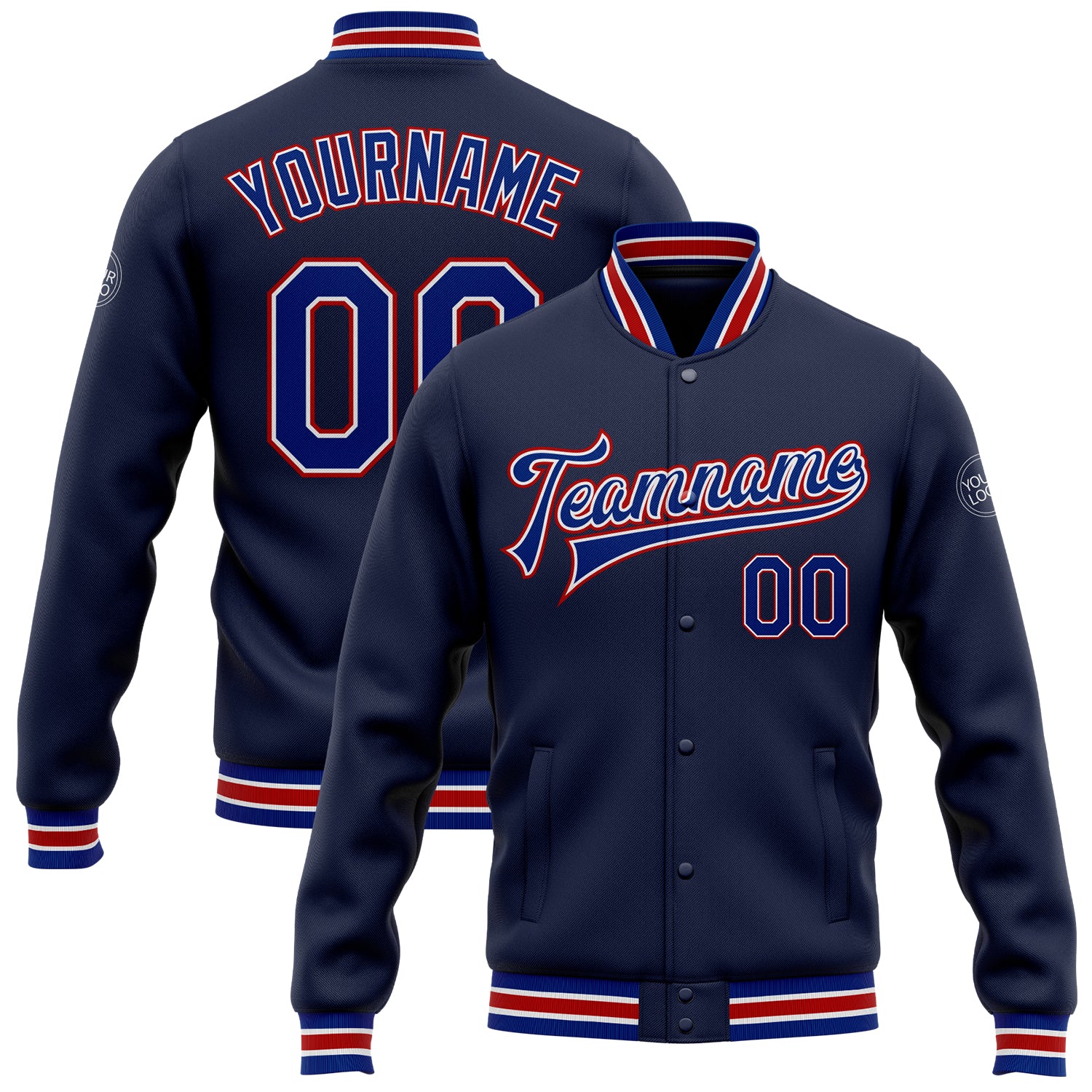 Personalized Navy and Red Varsity Letterman Jacket - Full-Snap Bomber Style Personalized Navy Royal-Red Bomber Full-Snap