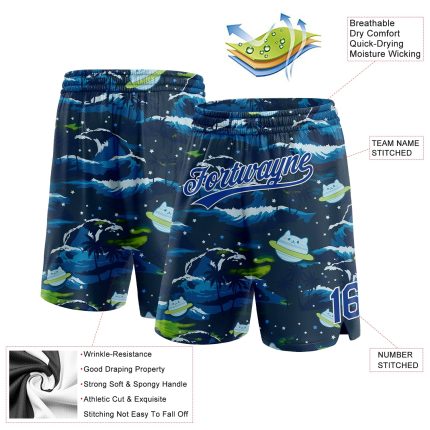 Custom Name and Number Authentic Basketball Shorts Navy Royal-White 3D Wave Pattern Personalized Navy Royal-White 3D Pattern