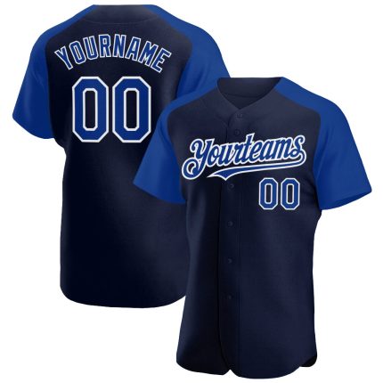 Custom Name Number Baseball Jersey Raglan Sleeves Navy Royal-White Authentic Team Apparel Personalized Navy Royal-White Authentic