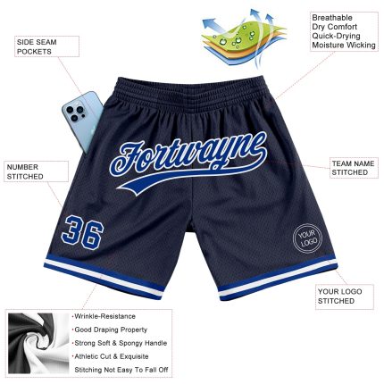 Personalized Royal-White Navy Authentic Basketball Shorts for Men and Women Personalized Navy Royal-White Authentic Throwback
