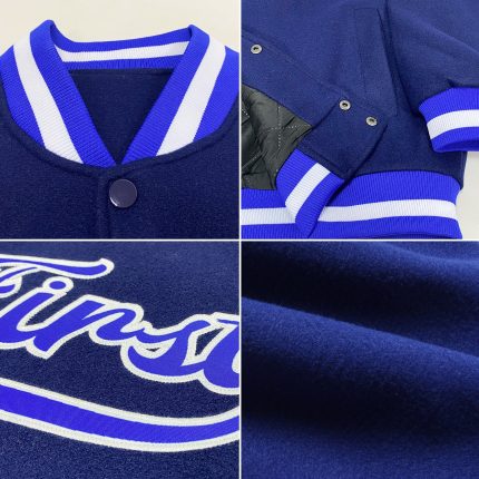 Personalized Navy Bomber Varsity Letterman Jacket Royal-White Full-Snap Personalized Navy Royal-White Bomber Full-Snap Varsity