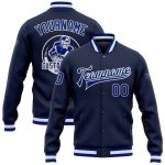 Personalized Navy Bomber Varsity Letterman Jacket Royal-White Full-Snap Personalized Navy Royal-White Bomber Full-Snap Varsity