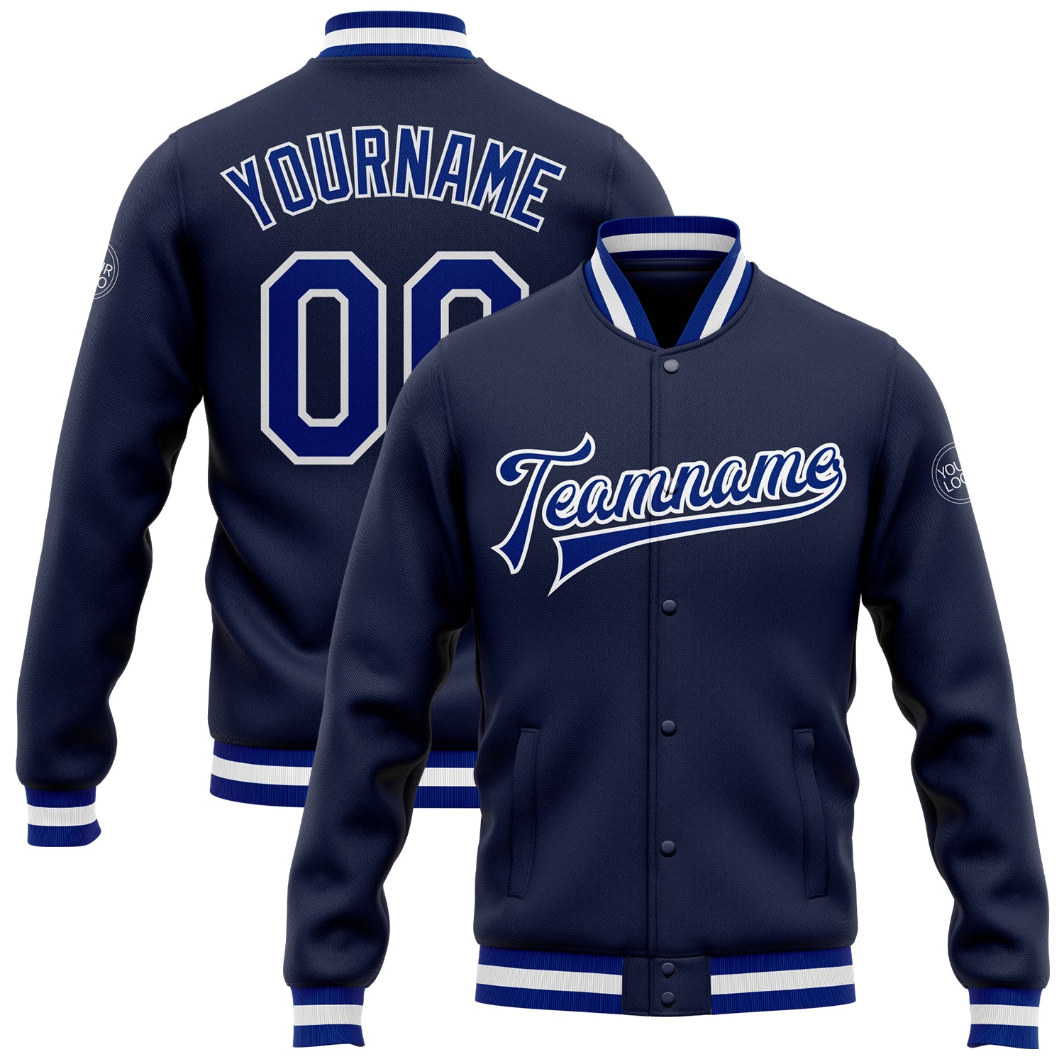 Custom Name and Number Navy White Varsity Bomber Full-Snap Jacket - Personalized Letterman Jacket Personalized Navy Royal-White